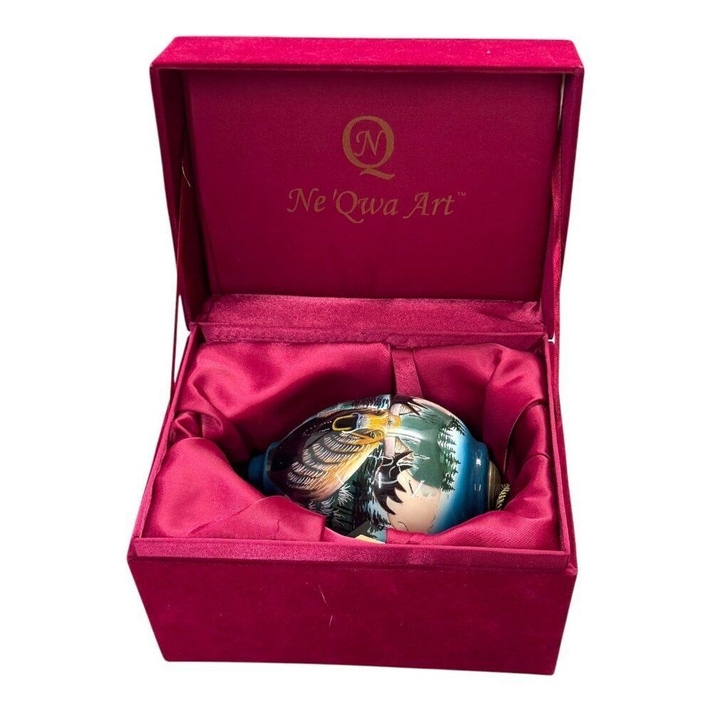 NE' QWA ART Moose Elk Christmas Ornament in box Red Velvet Artist Signed Glass